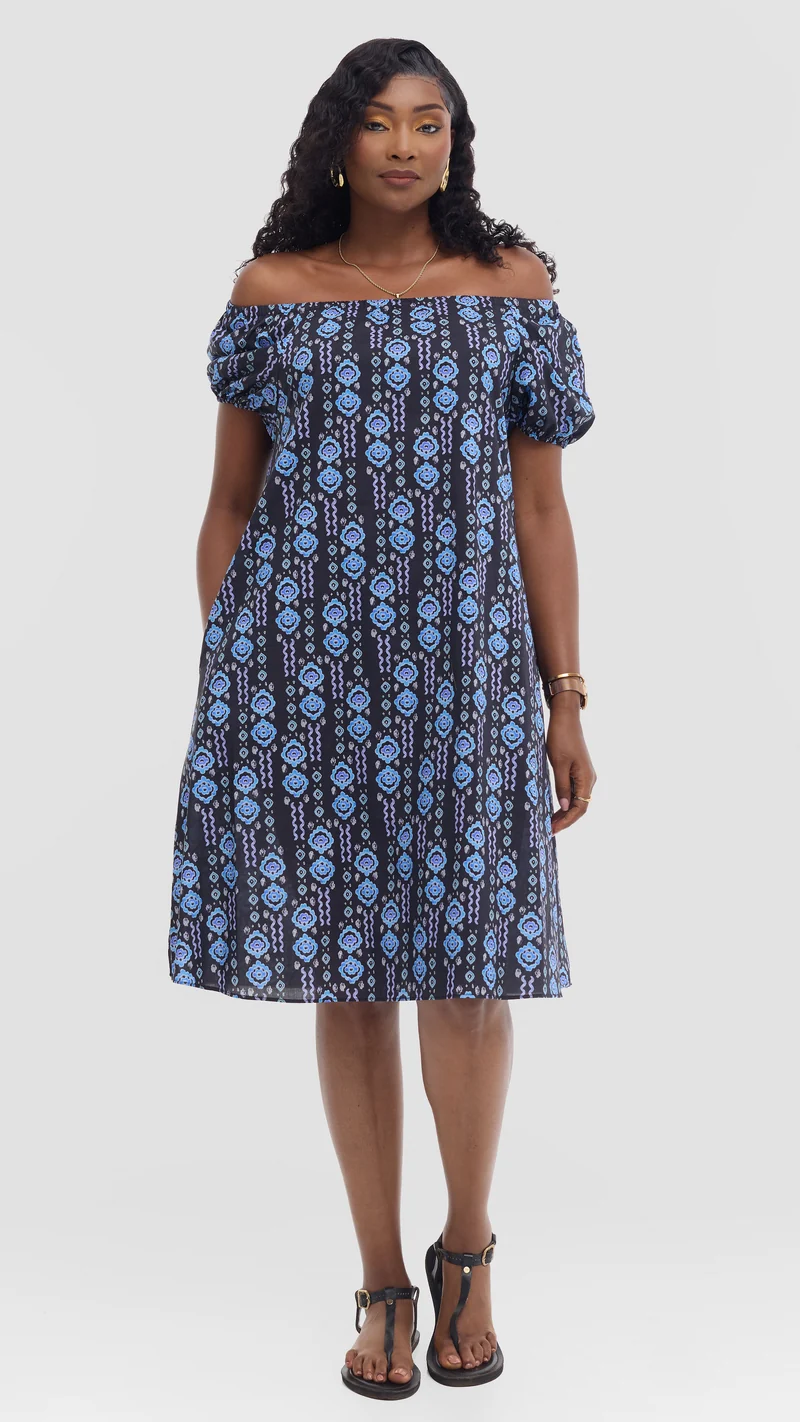 Vivo Off Shoulder Dress in Print Cotton - Black Multicolor