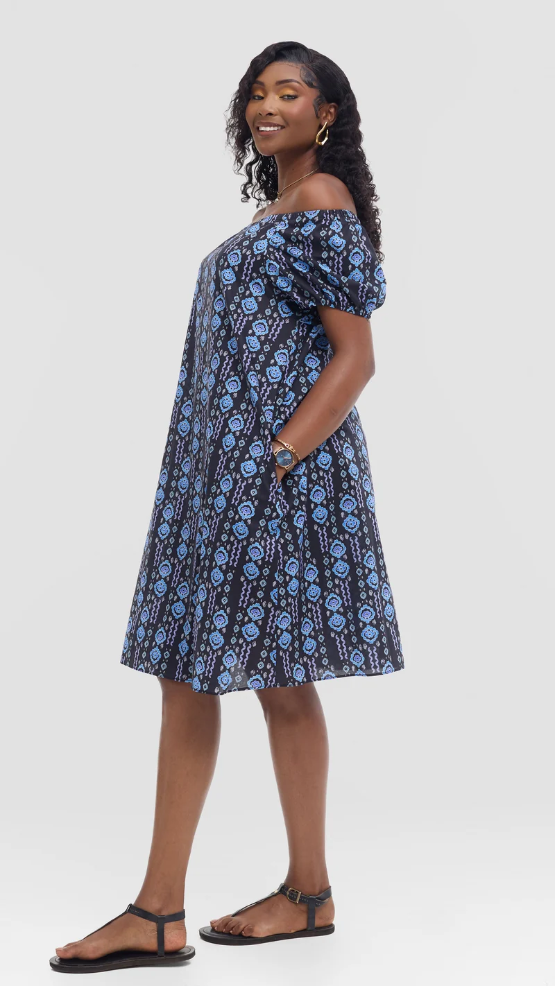Vivo Off Shoulder Dress in Print Cotton - Black Multicolor