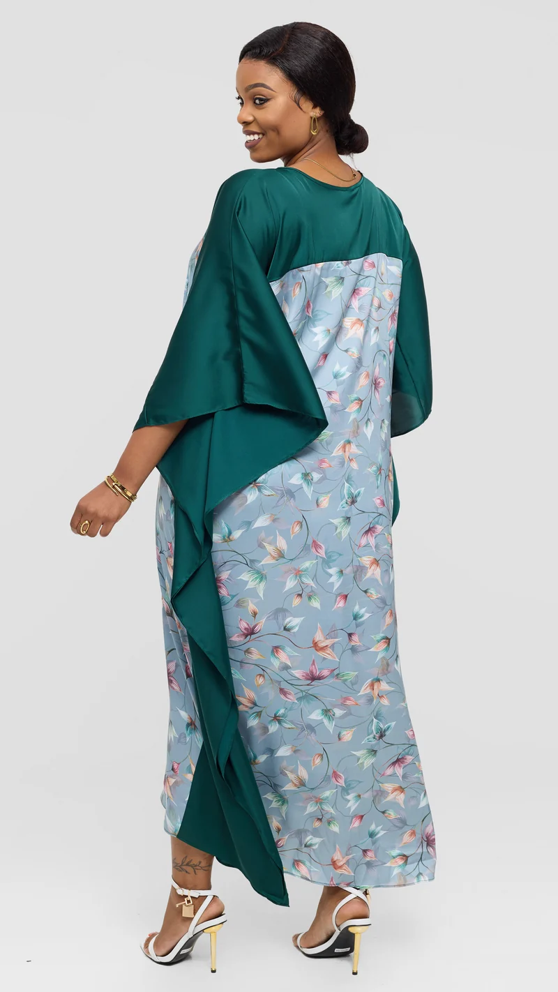 Vivo Keza Satin Border Maxi Kaftan - Mint / Olive Abstract Print
