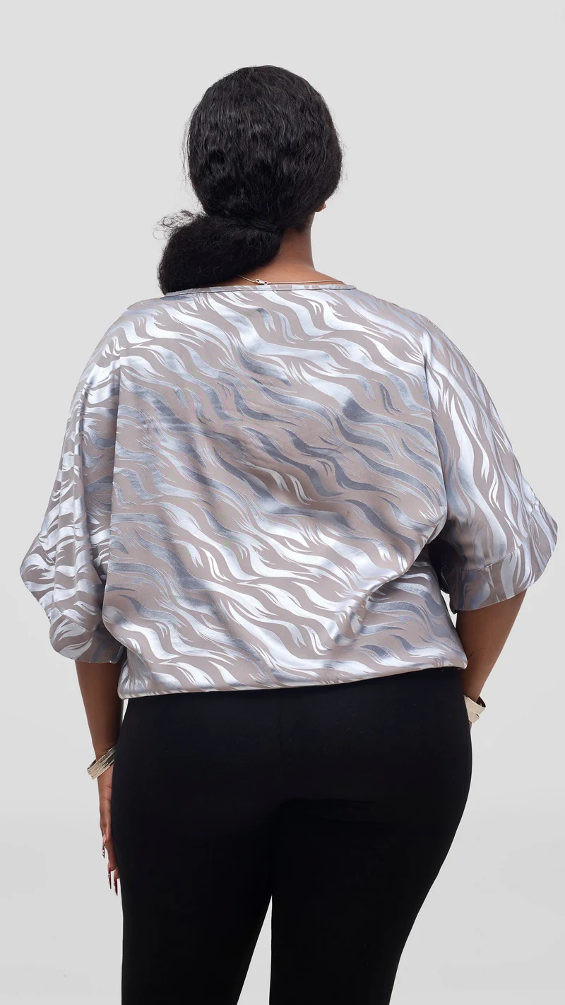 Vivo Liora Satin Drawstring Kimono Sleeve Top - Baby Blue Textured Print