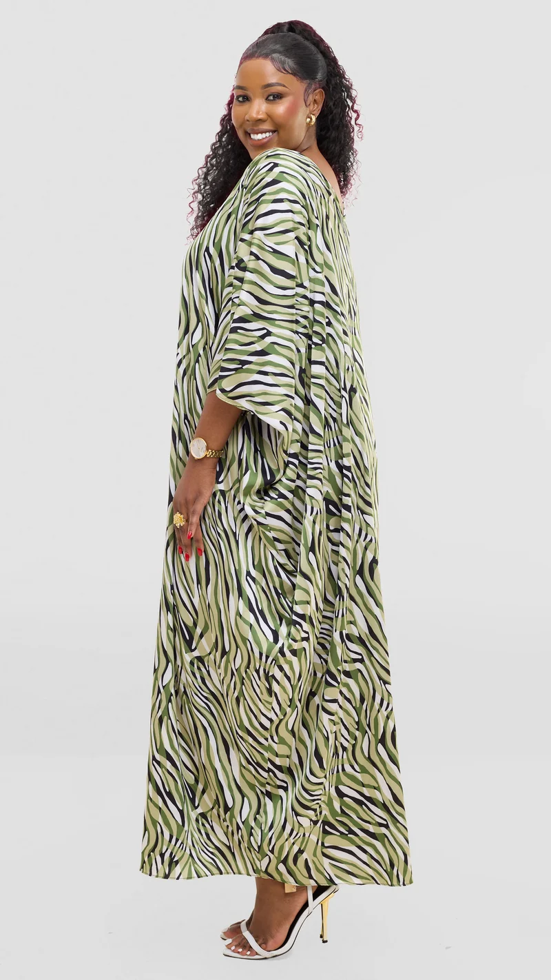 Vivo Keza V Neck Maxi Kaftan In Satin - Mint / Green Print