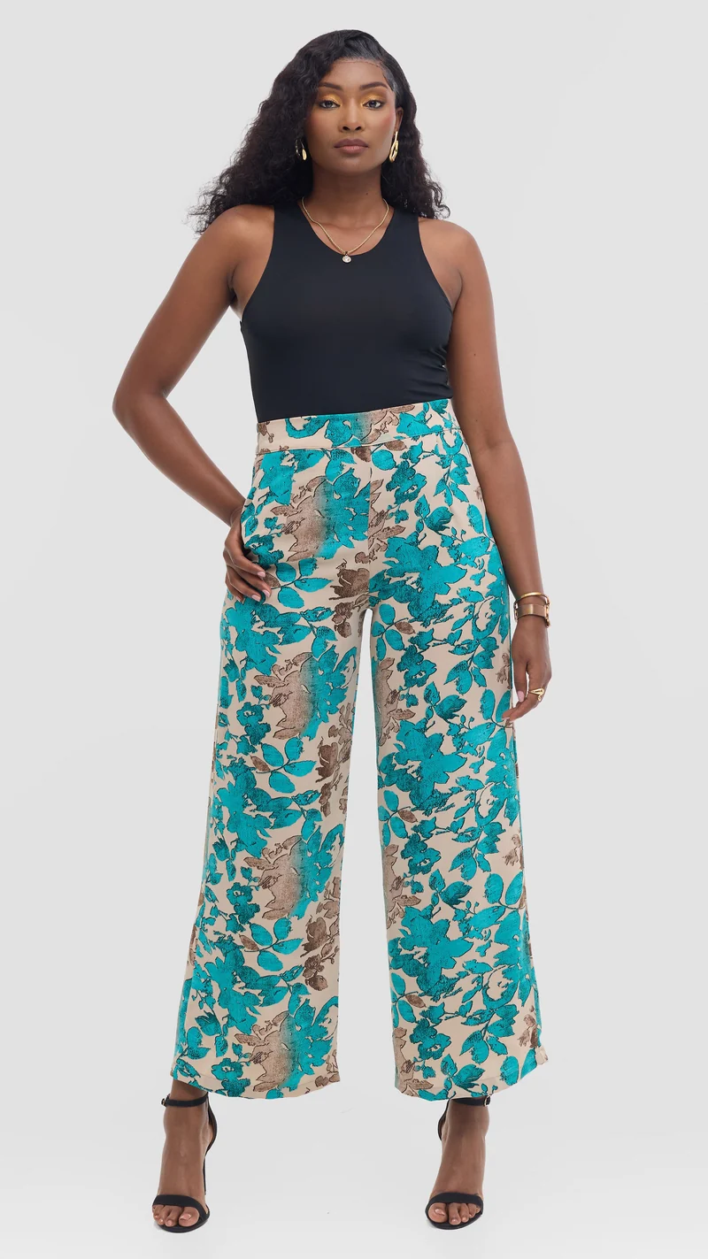 Vivo Maisha Straight Leg Pants - Burgundy / Lime Print