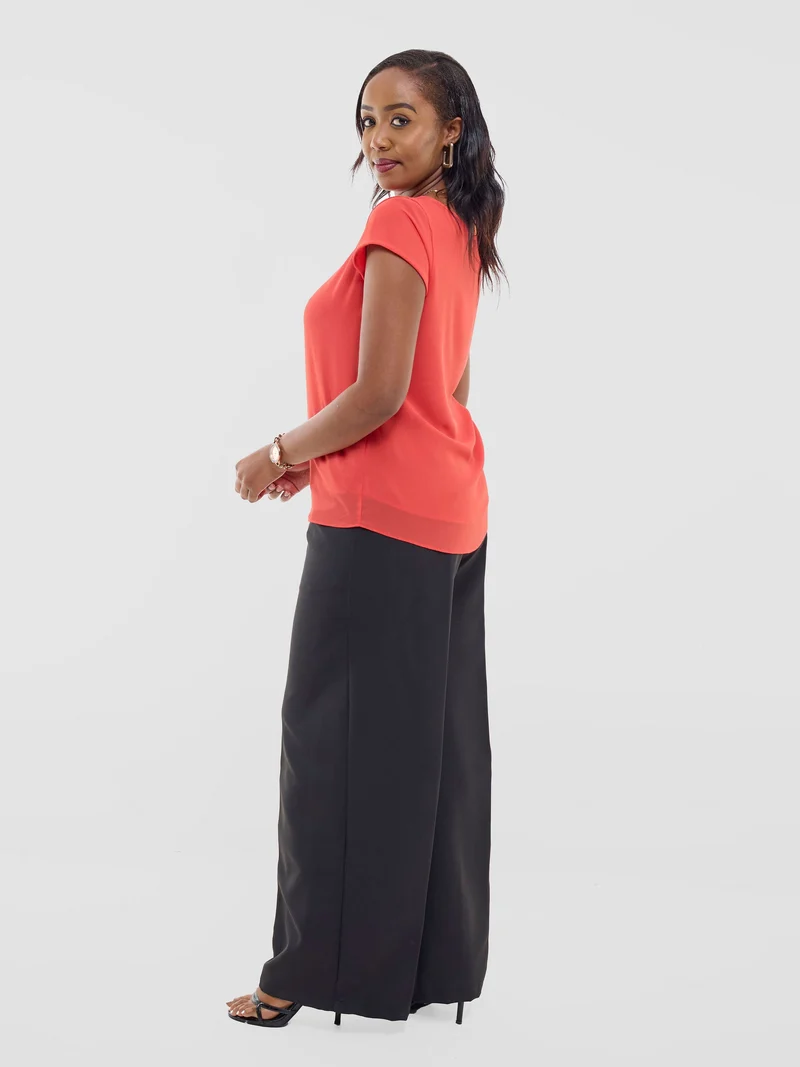 Vivo Basic Chiffon Cap Sleeve Top (Double Layered) - Coral