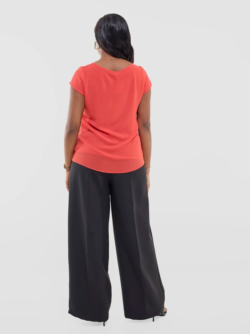 Vivo Basic Chiffon Cap Sleeve Top (Double Layered) - Coral