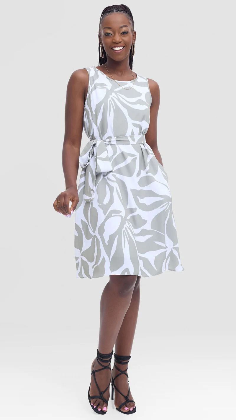 Vivo Basic Sleeveless Tent Dress in Crepe - White / Olive Print