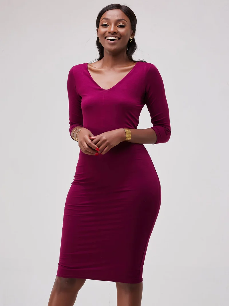 Vivo Basic 3/4 Sleeve Double Layered Bodycon Dress - Burgundy