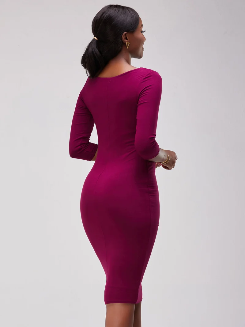 Vivo Basic 3/4 Sleeve Double Layered Bodycon Dress - Burgundy