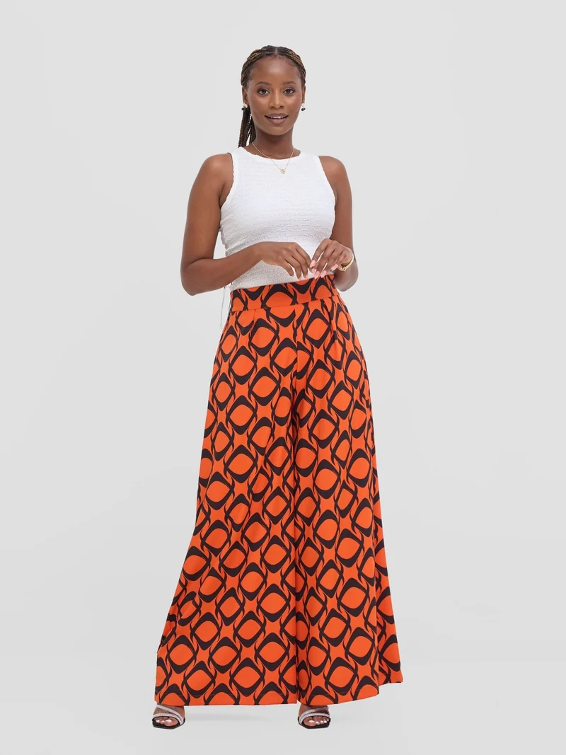 Vivo Basic Crepe Pants - Orange / Black Tiki Print