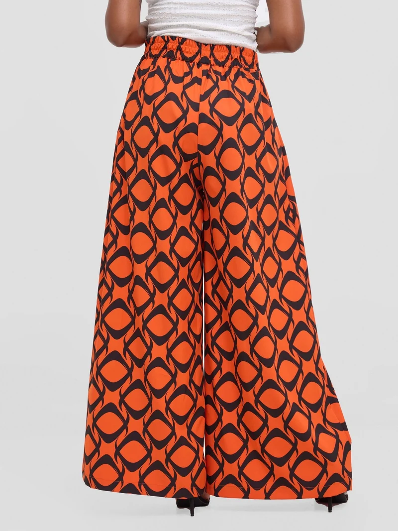 Vivo Basic Crepe Pants - Orange / Black Tiki Print