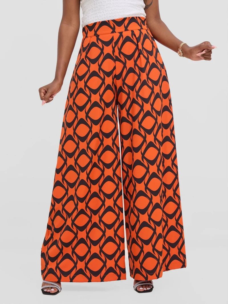 Vivo Basic Crepe Pants - Orange / Black Tiki Print