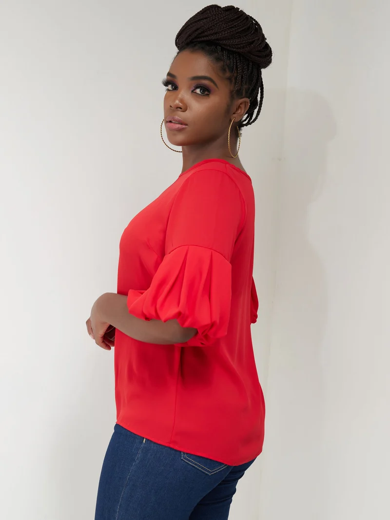Vivo Basic Boundneck Puff Sleeve Top - Red