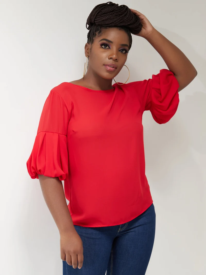 Vivo Basic Boundneck Puff Sleeve Top - Red