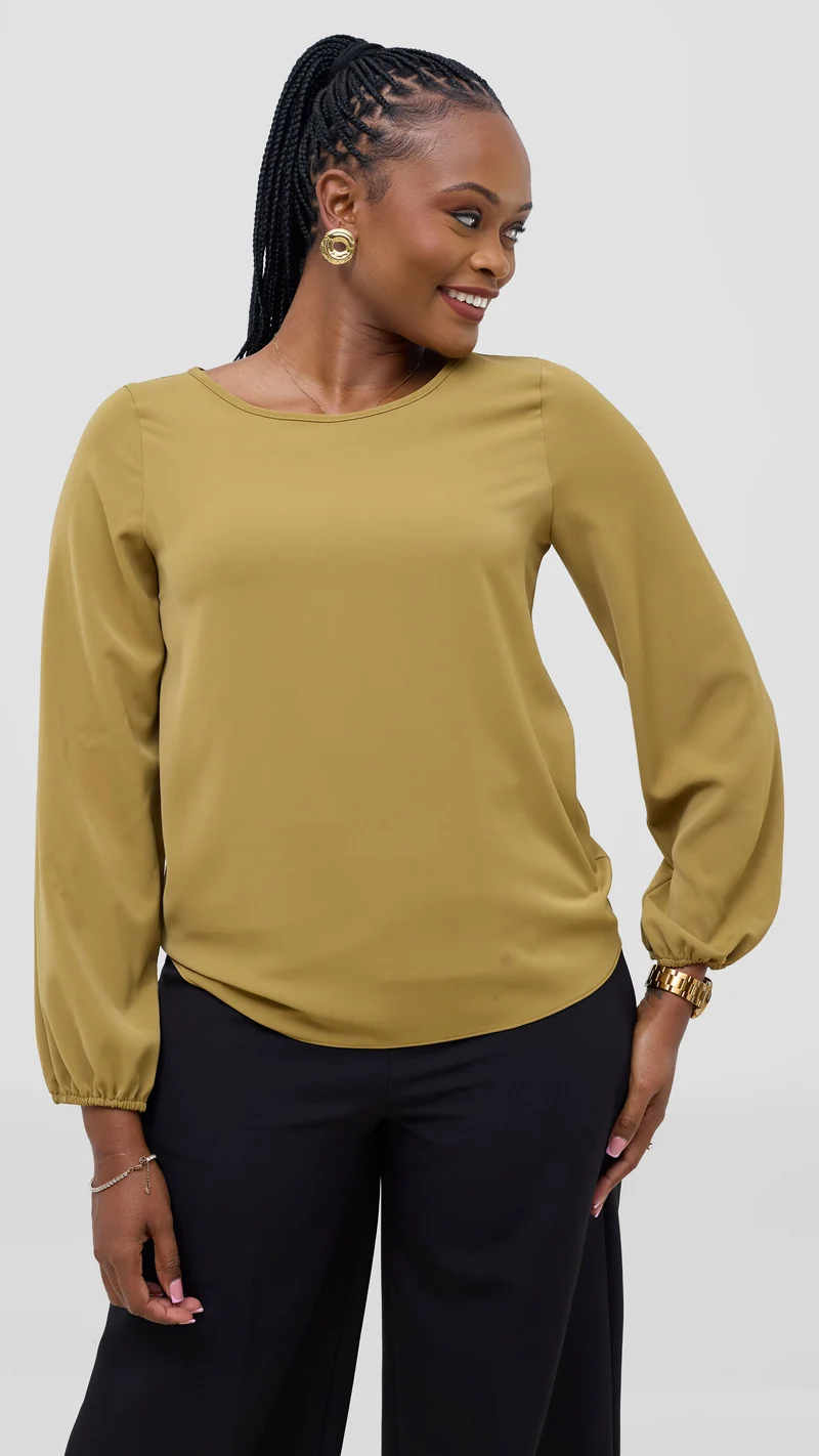 Vivo Basic Crepe Bishop Sleeve Top - Light Mustard