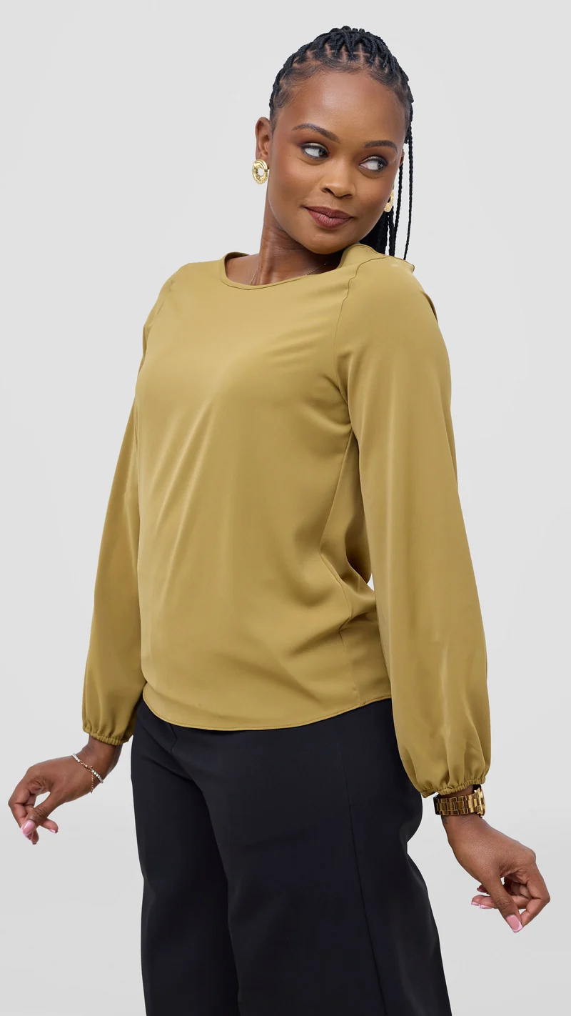 Vivo Basic Crepe Bishop Sleeve Top - Light Mustard