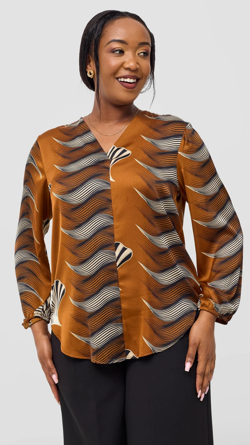 Vivo Dua Satin Bishop Sleeve Top - Dark Mustard / Black Print