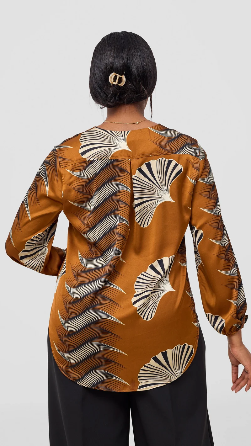 Vivo Dua Satin Bishop Sleeve Top - Dark Mustard / Black Print
