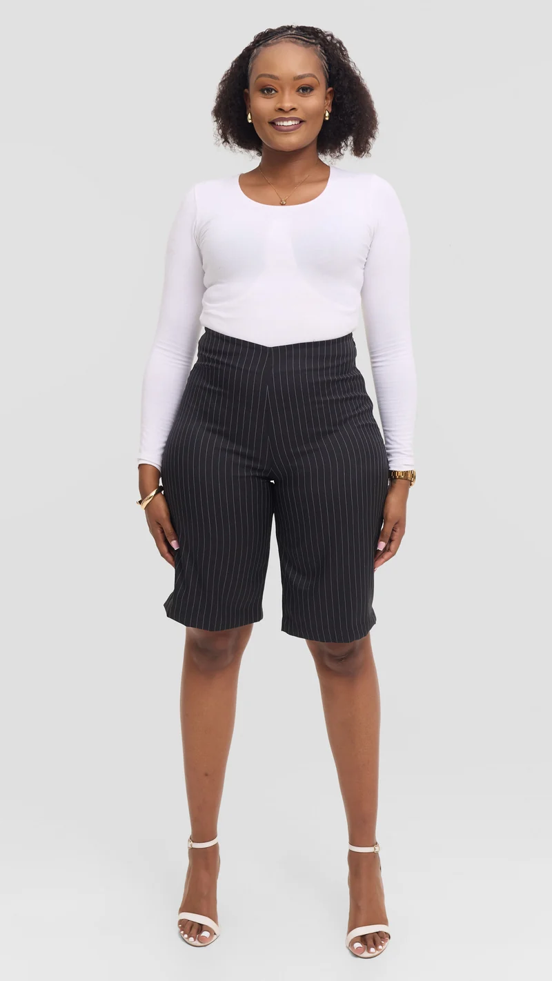 Vivo Studio Longline Shorts in Crepe - Black Stripes