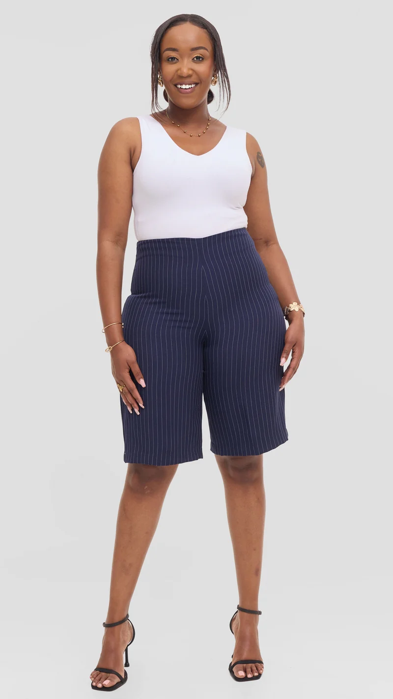 Vivo Studio Longline Shorts in Crepe - Navy Stripes