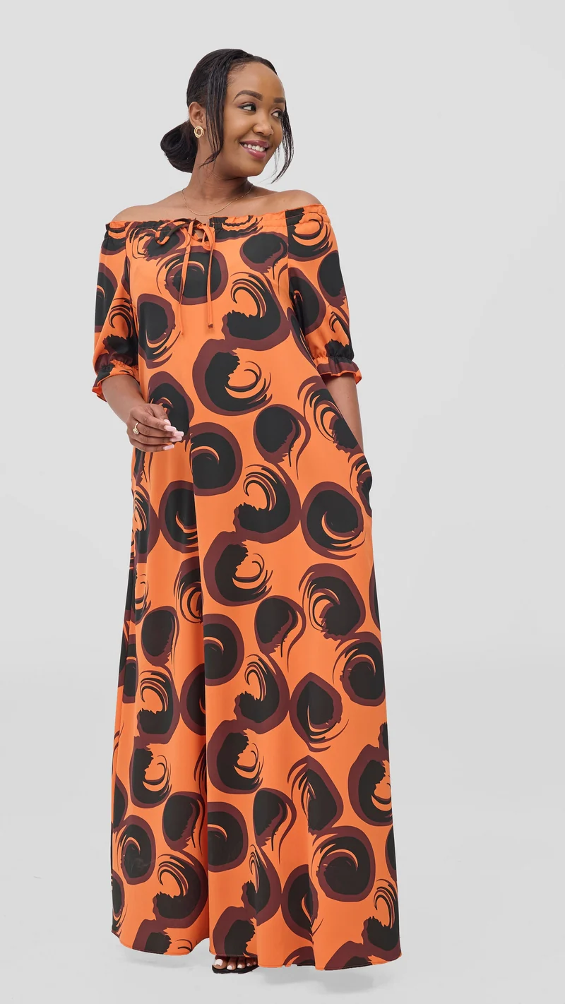 Vivo Situ Off-Shoulder Tie Maxi Dress - Orange / Black Lina Print