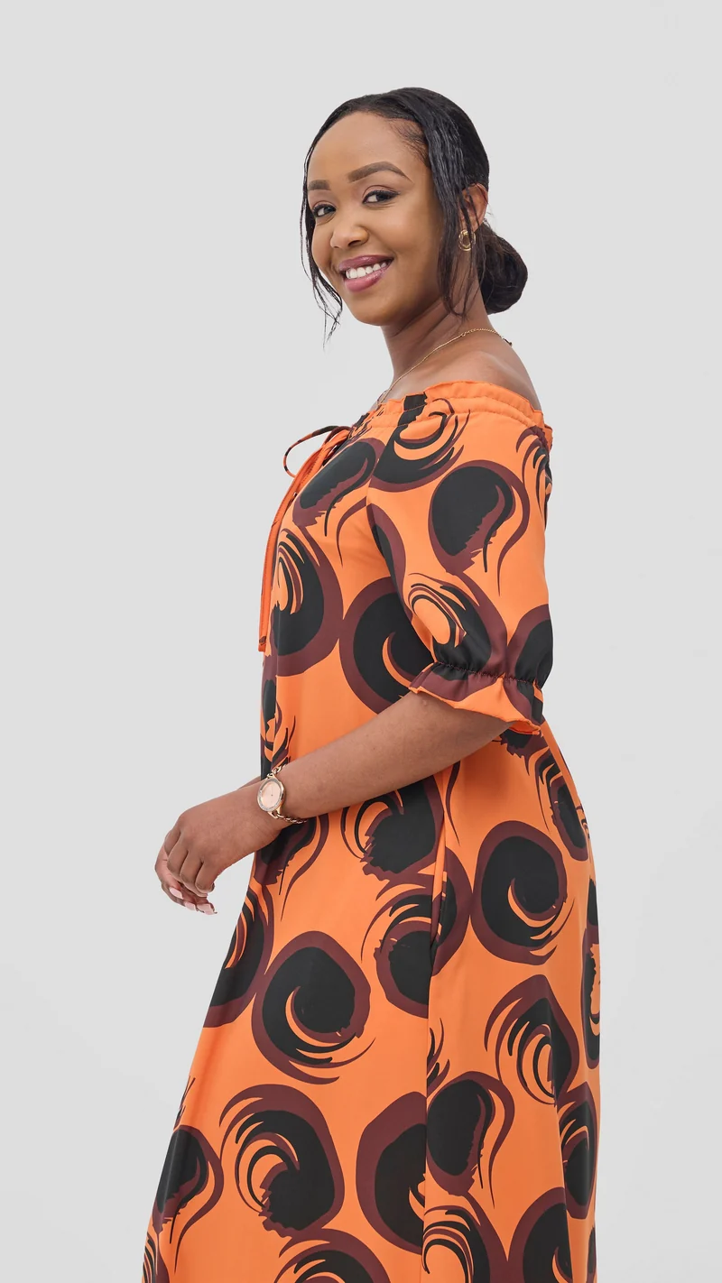 Vivo Situ Off-Shoulder Tie Maxi Dress - Orange / Black Lina Print