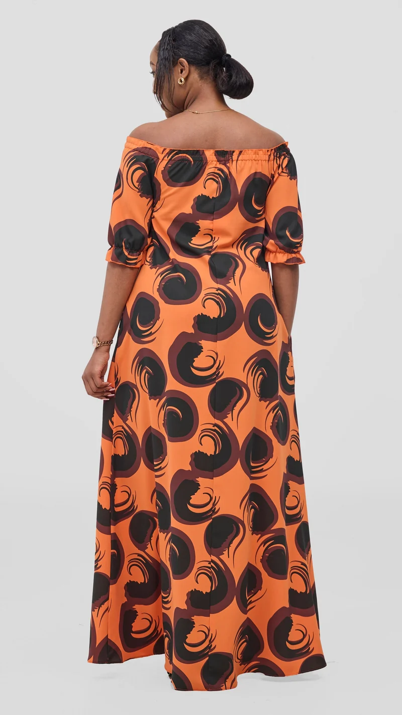 Vivo Situ Off-Shoulder Tie Maxi Dress - Orange / Black Lina Print