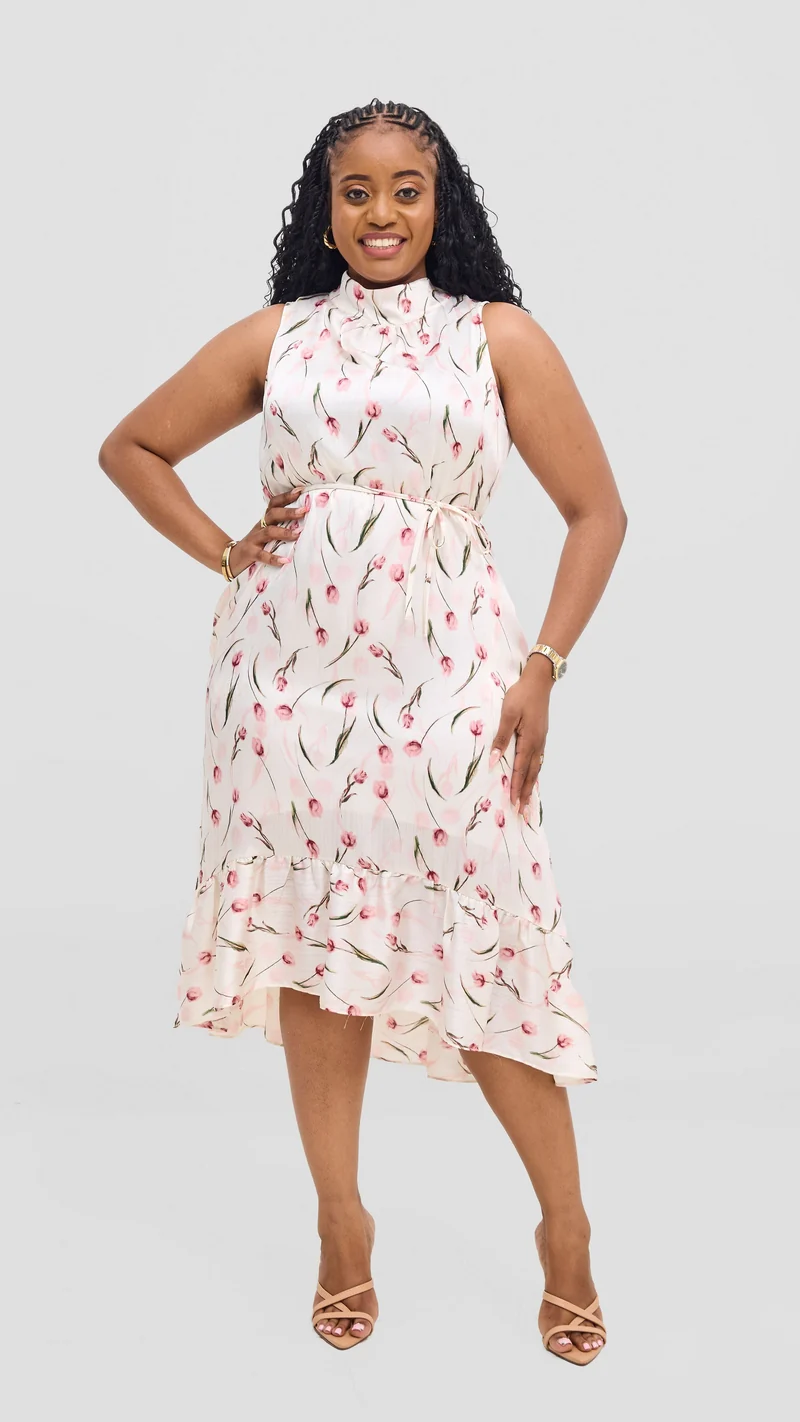 Vivo Samira Midi Dress - Off White / Pink Print