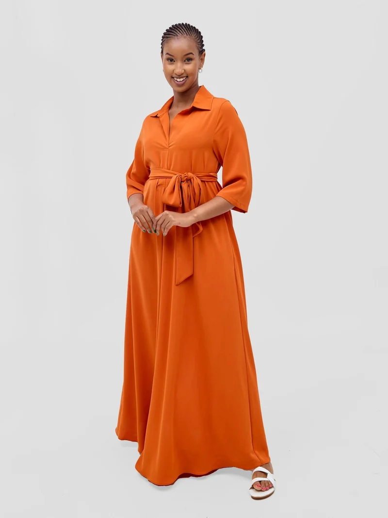 Vivo Yumi Maxi Shirt Dress in Crepe - Orange
