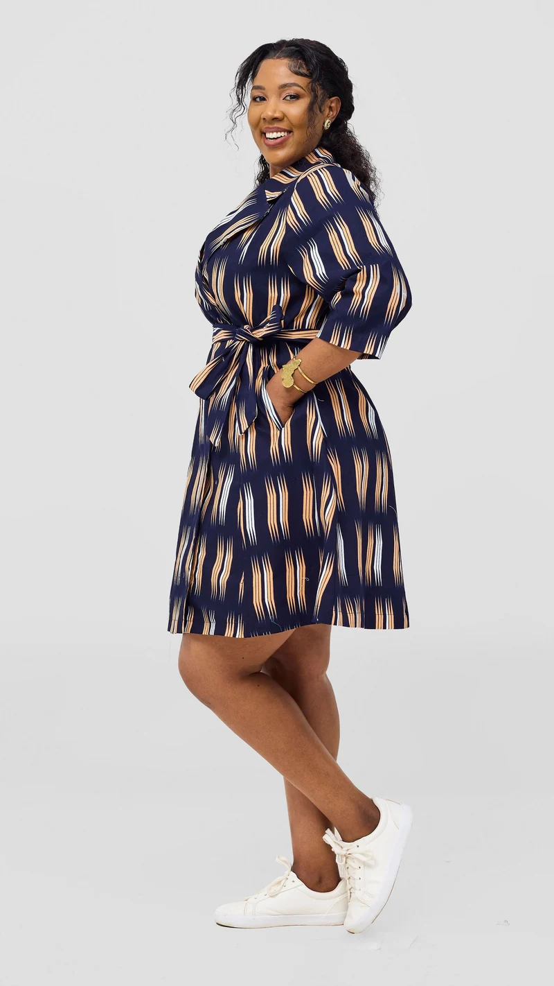 Safari Nazari Coat Dress - Navy / Peach Johari Print