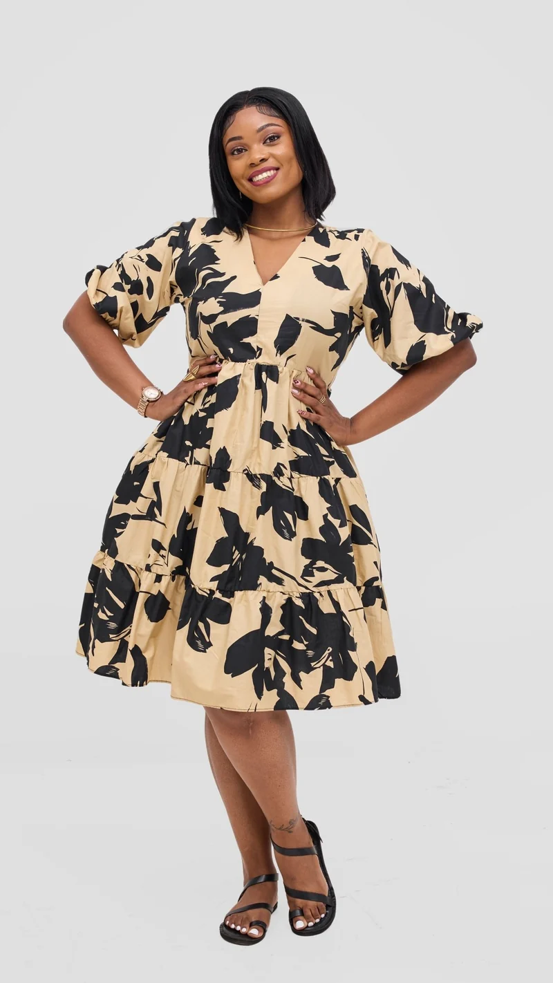 Safari by Vivo Naledi Bishop Sleeve Tiered Dress - Beige / Black Wia Print
