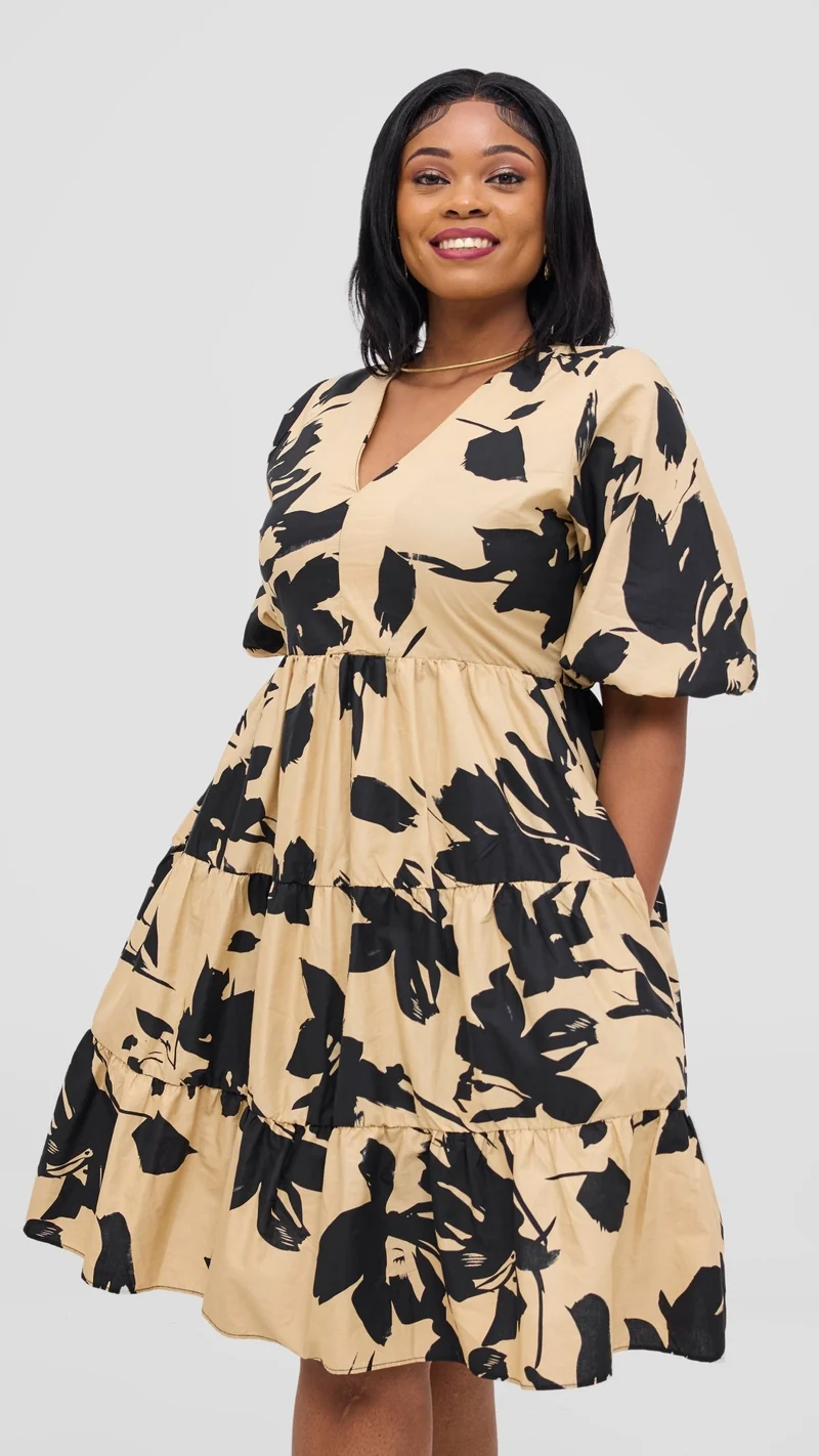 Safari by Vivo Naledi Bishop Sleeve Tiered Dress - Beige / Black Wia Print