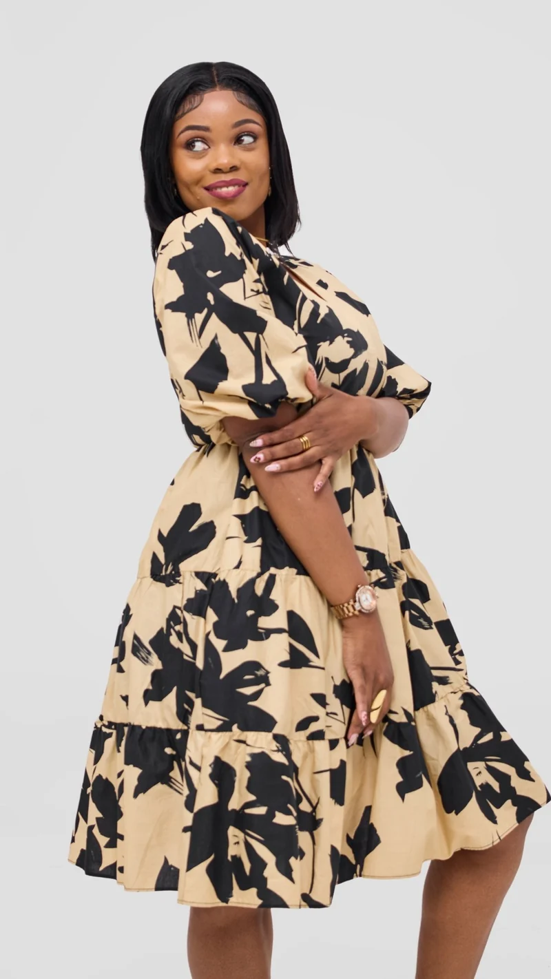 Safari by Vivo Naledi Bishop Sleeve Tiered Dress - Beige / Black Wia Print