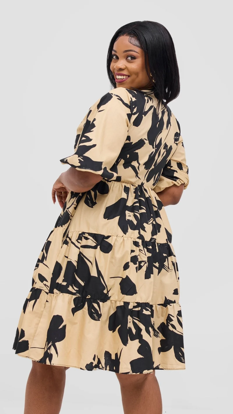 Safari by Vivo Naledi Bishop Sleeve Tiered Dress - Beige / Black Wia Print