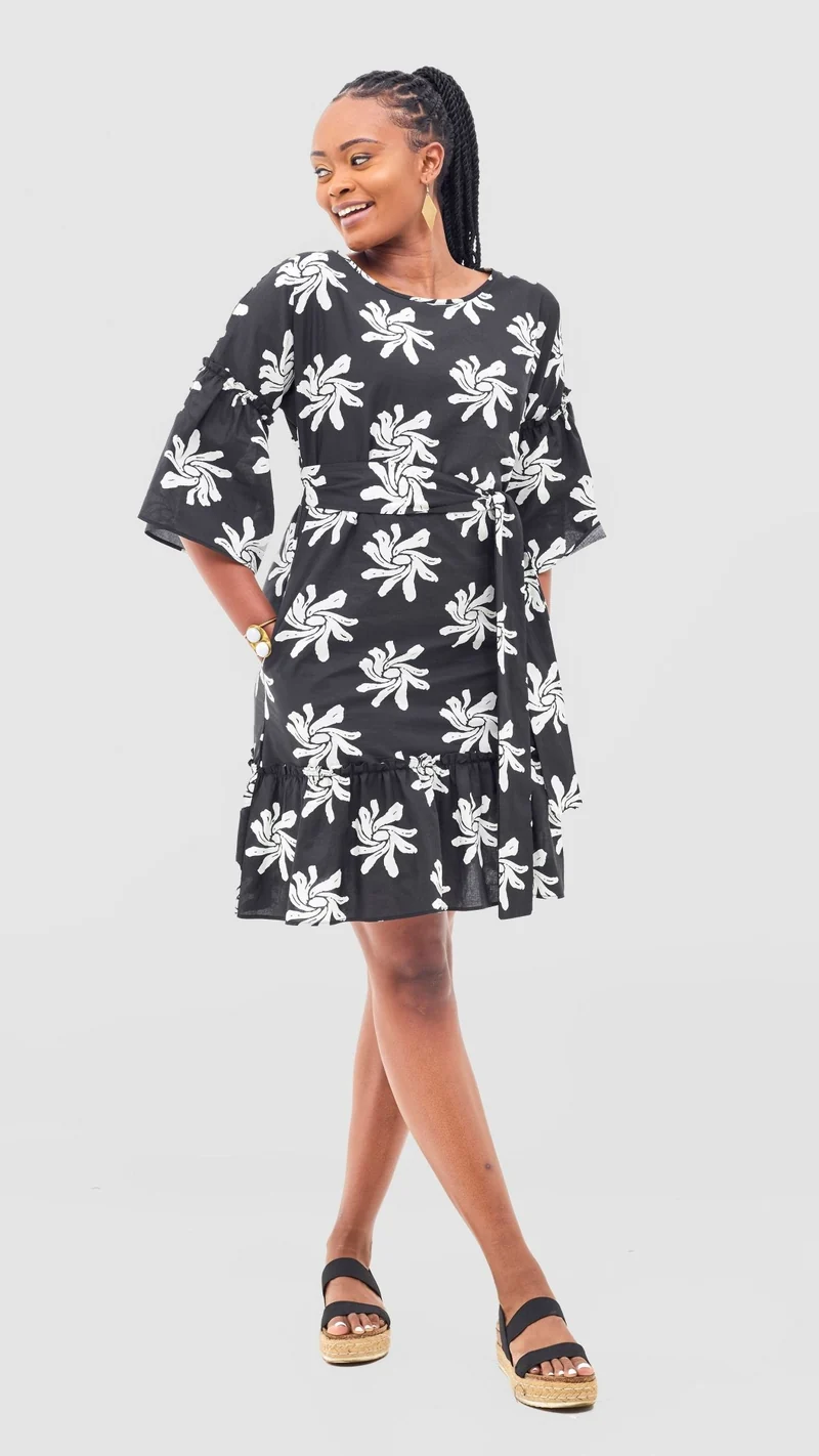 Safari by Vivo Naledi Flounce Tent Dress - Black / White Nale Print