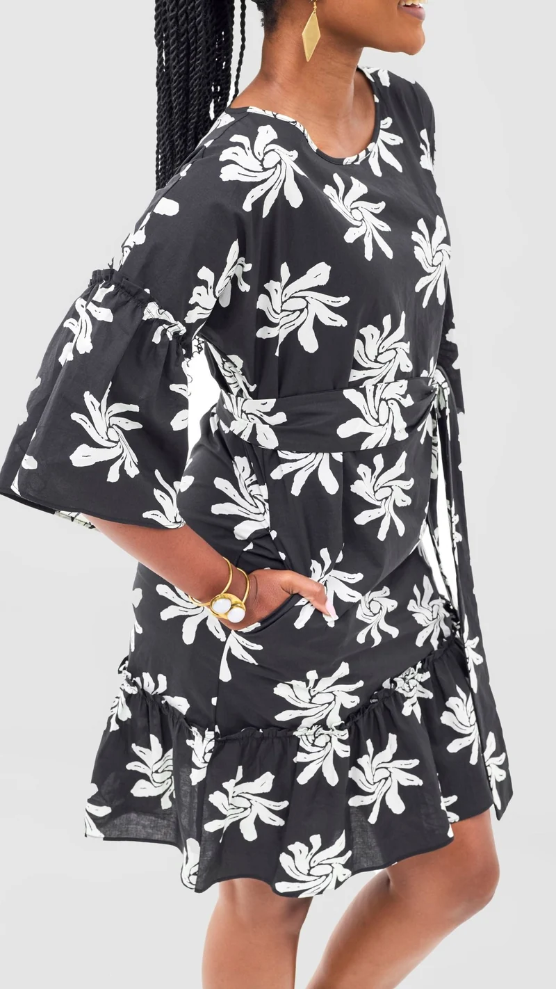 Safari by Vivo Naledi Flounce Tent Dress - Black / White Nale Print