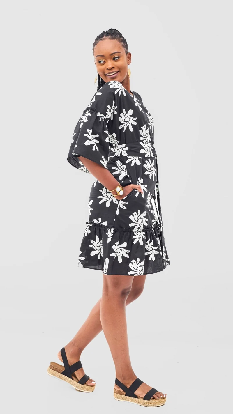 Safari by Vivo Naledi Flounce Tent Dress - Black / White Nale Print