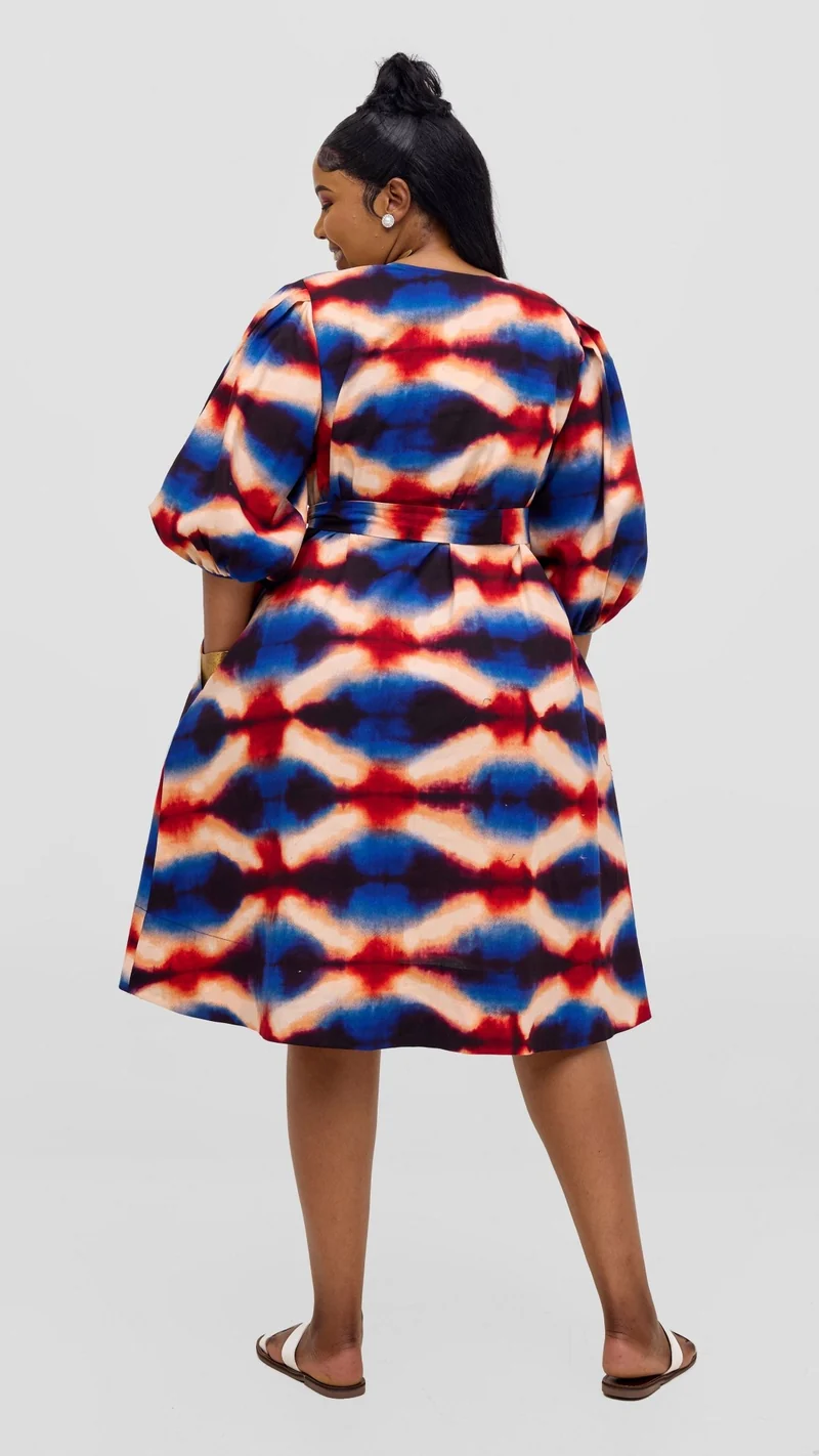 Safari Tara Bishop Sleeve Dress - Peach / Blue Sara Print
