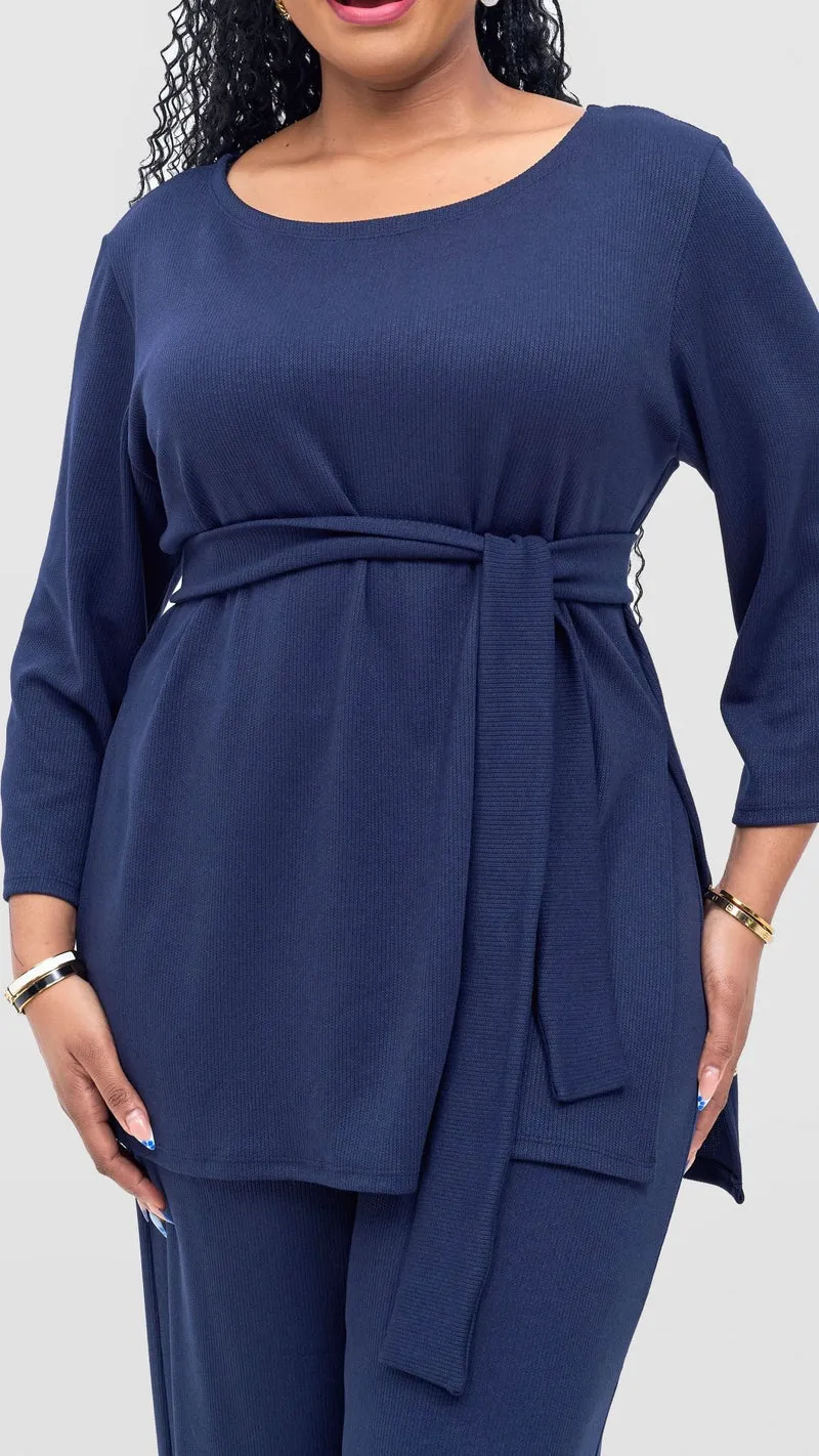 Vivo Rema 3/4 Sleeve Side Slit Tunic Top in Rib - Navy