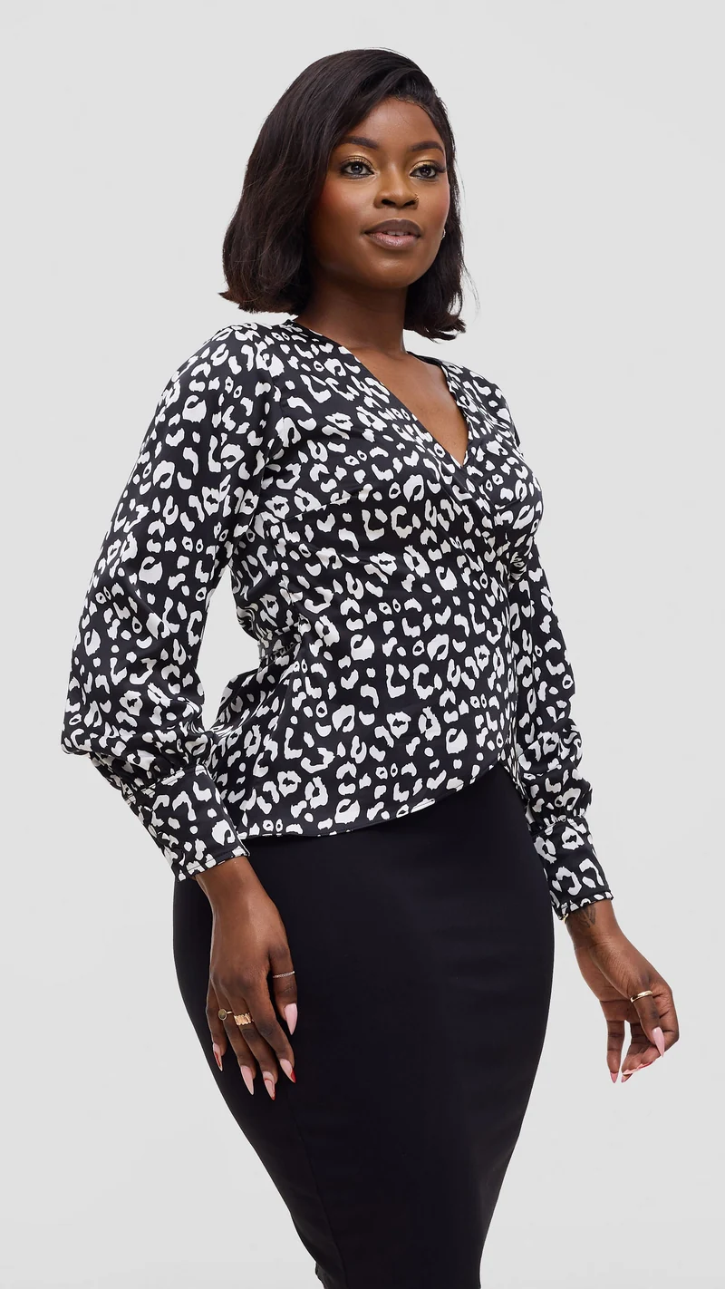 Vivo Merika Satin Wrap Top - Black / Cream Animal Print