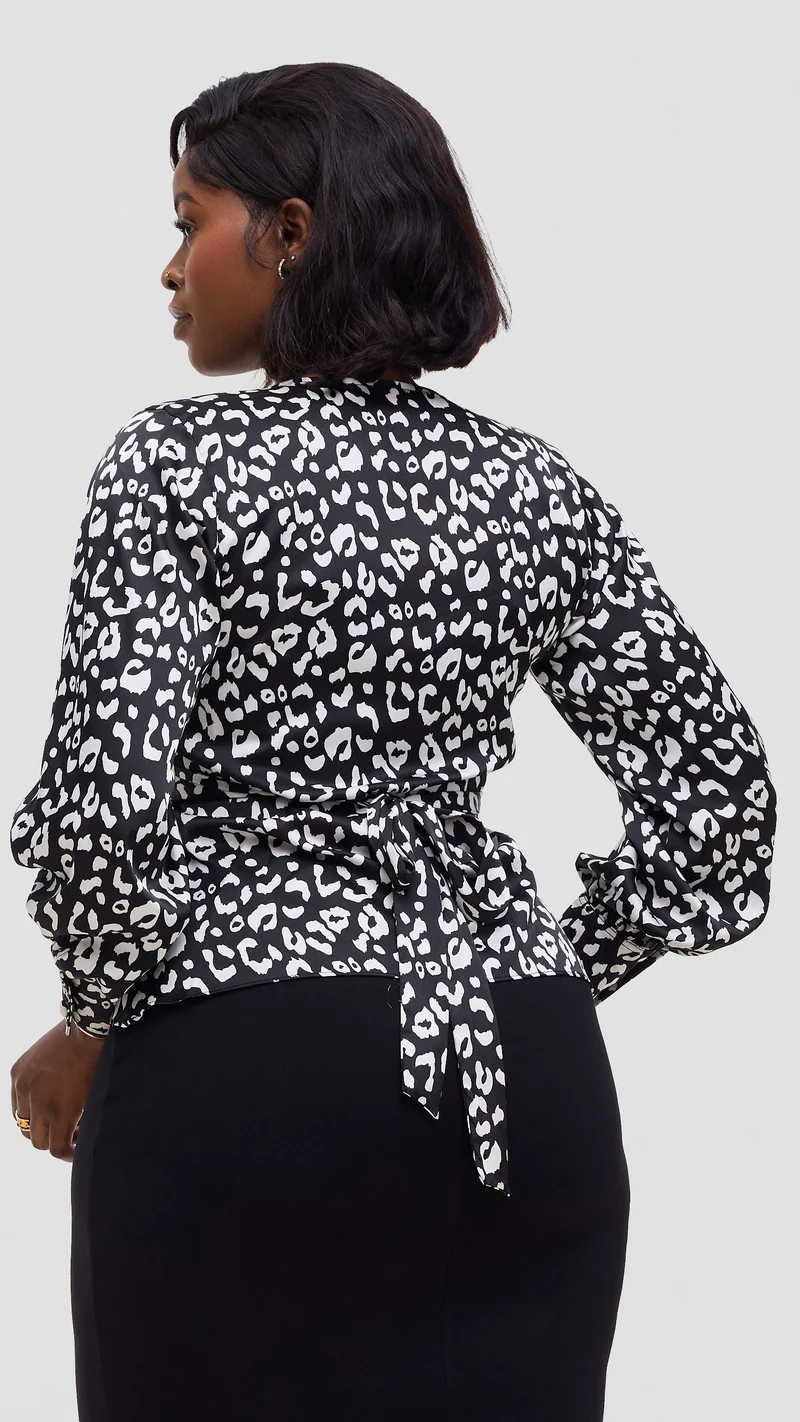 Vivo Merika Satin Wrap Top - Black / Cream Animal Print
