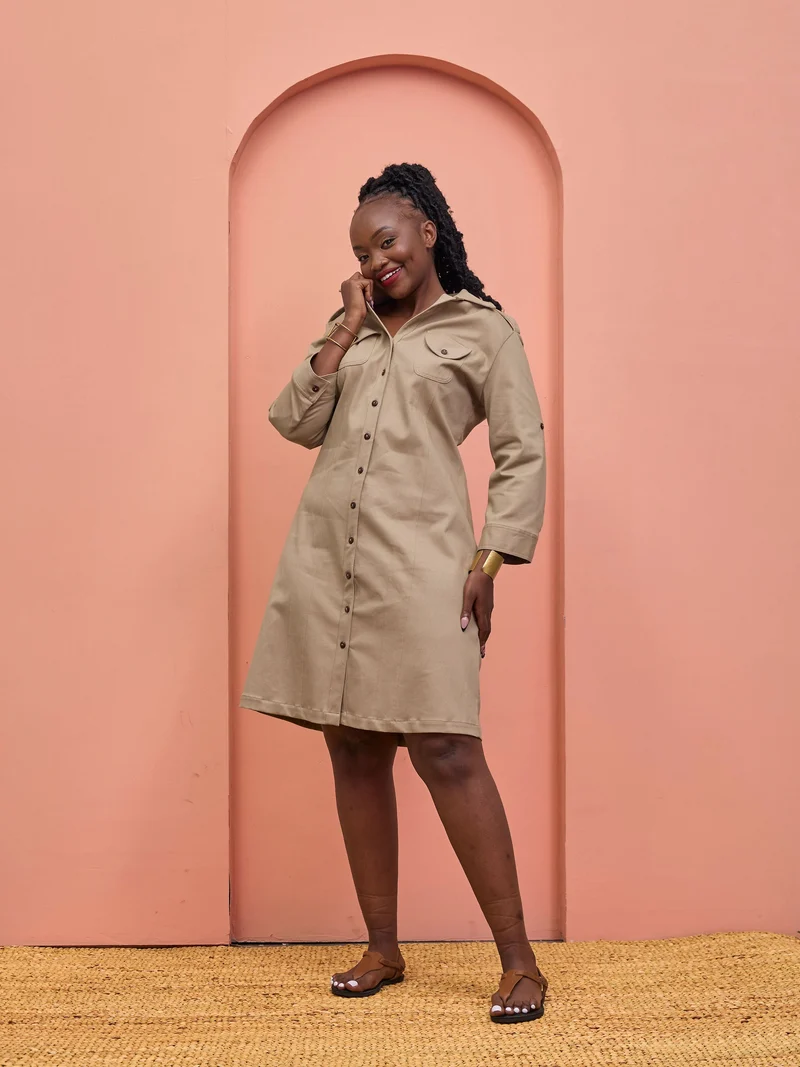 Safari Chui 3/4 Sleeve A-Line Dress - Taupe