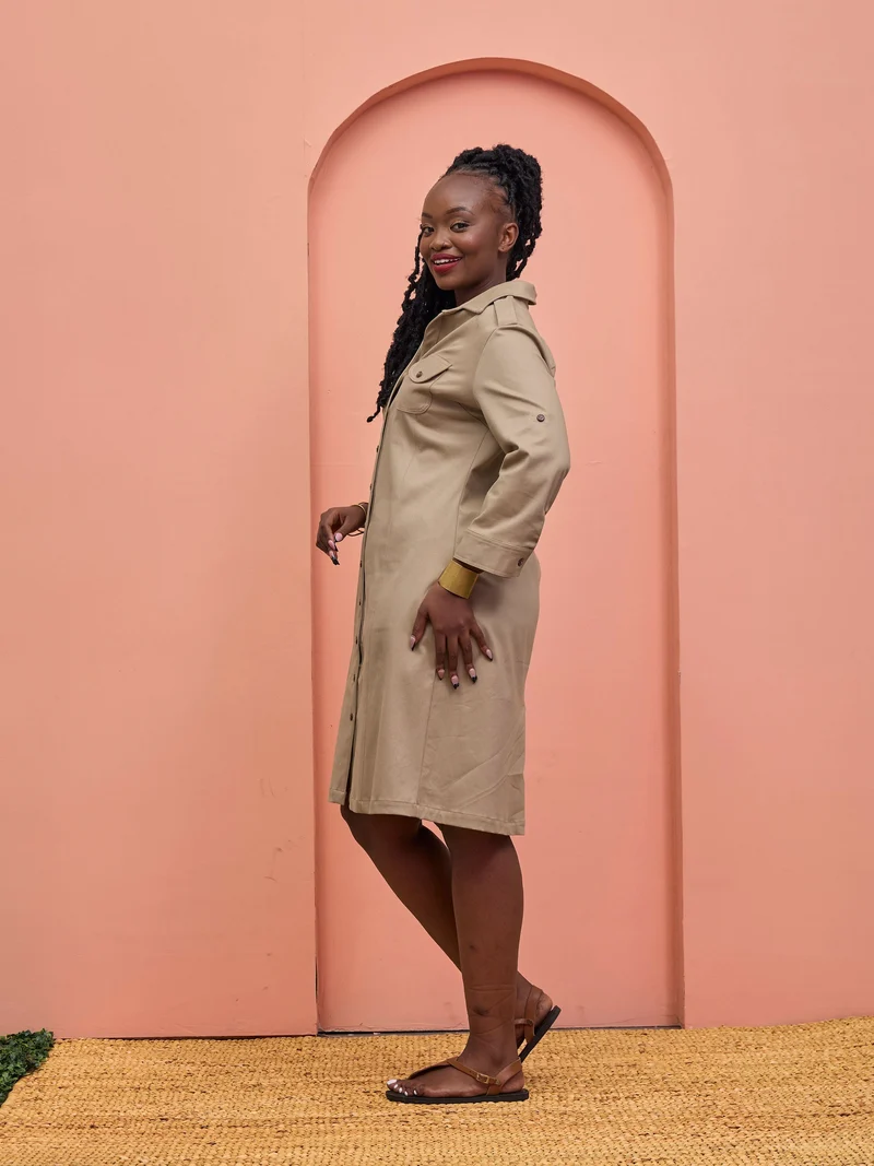 Safari Chui 3/4 Sleeve A-Line Dress - Taupe