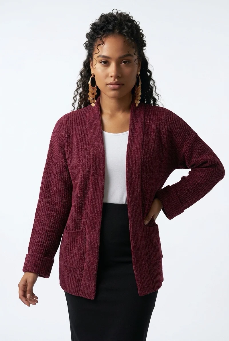Stylish Sisters Women’s Ribbed Open-Front Shawl Collar Cardigan - Maroon