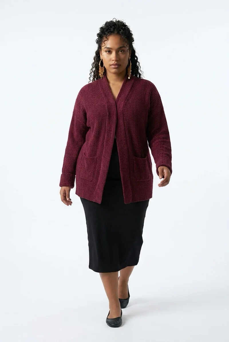 Stylish Sisters Women’s Ribbed Open-Front Shawl Collar Cardigan - Maroon