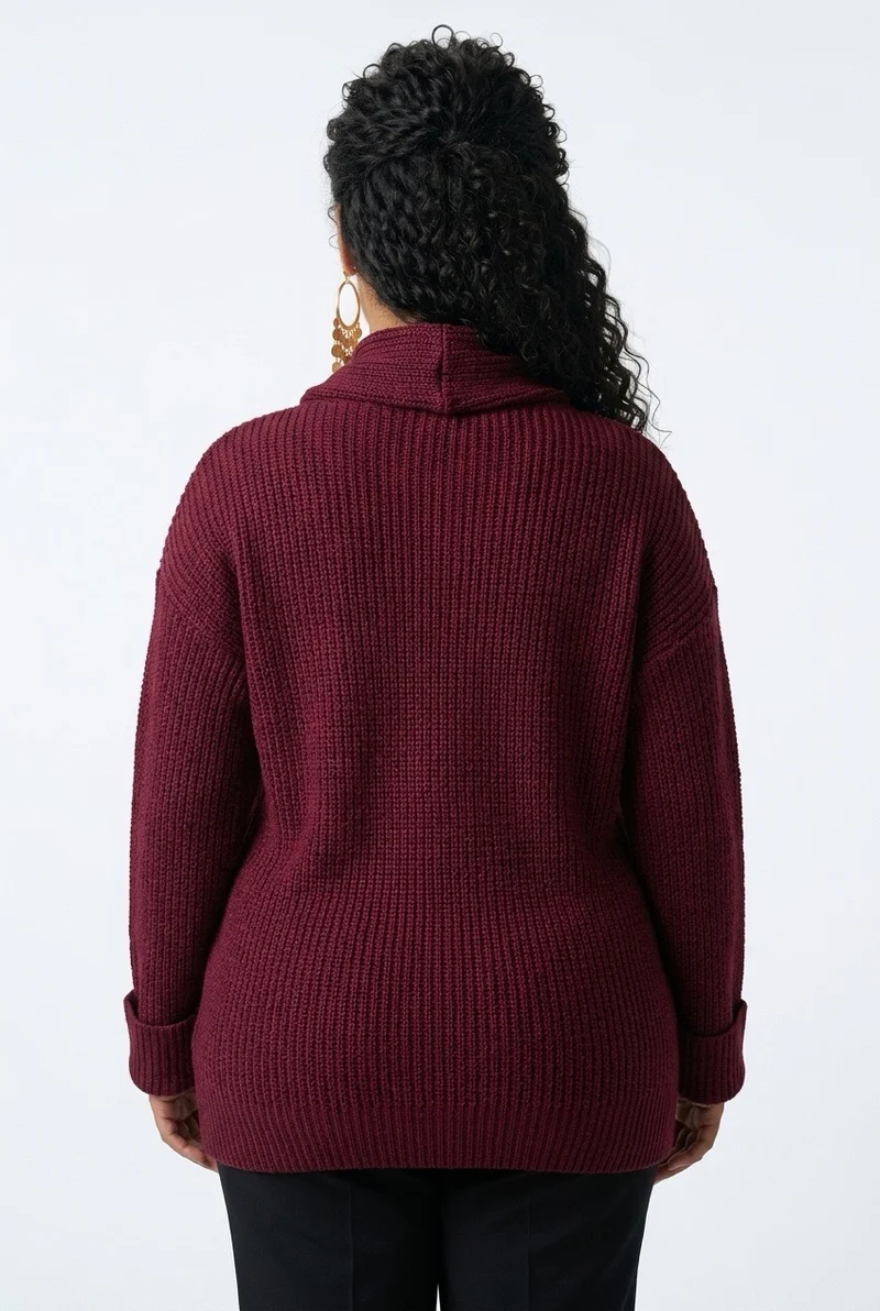 Stylish Sisters Women’s Ribbed Open-Front Shawl Collar Cardigan - Maroon