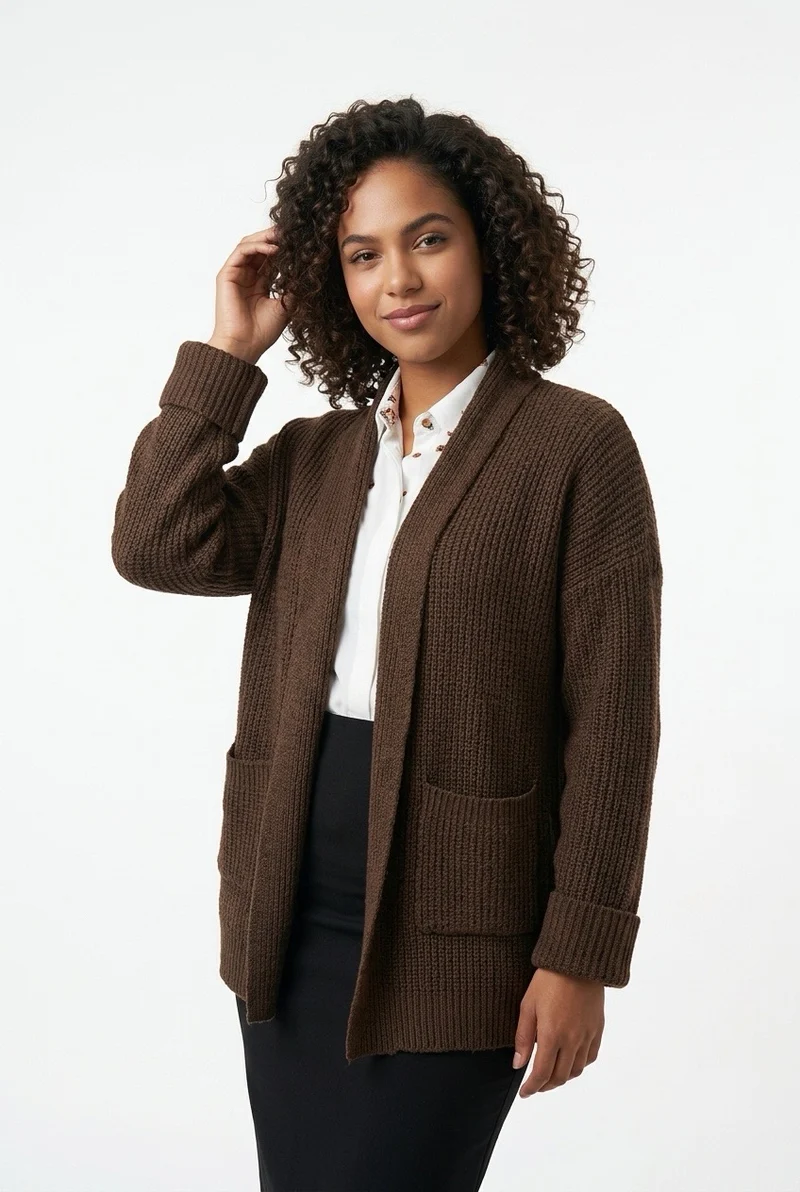 Stylish Sisters Women’s Ribbed Open-Front Shawl Collar Cardigan - Brown