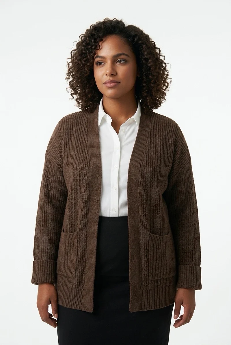 Stylish Sisters Women’s Ribbed Open-Front Shawl Collar Cardigan - Brown