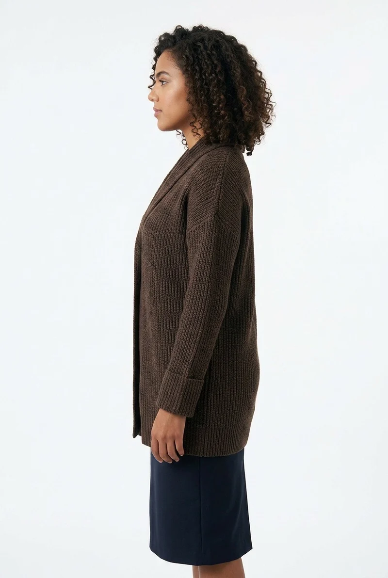Stylish Sisters Women’s Ribbed Open-Front Shawl Collar Cardigan - Brown