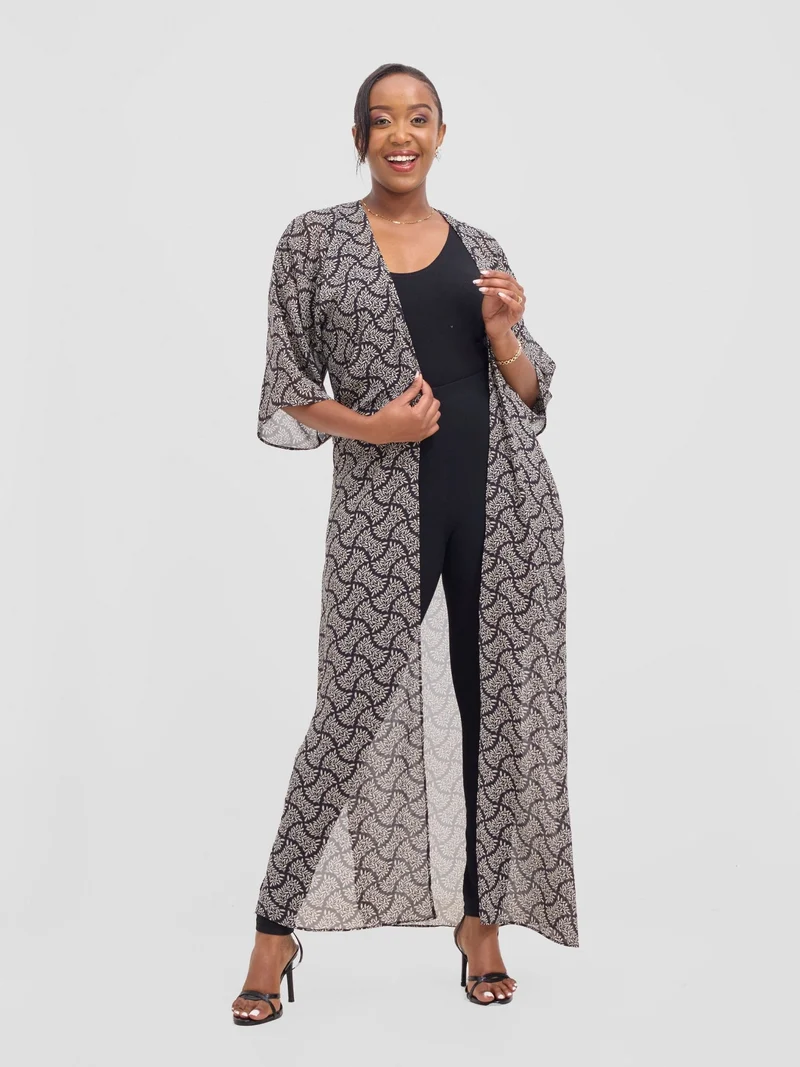 Vivo Basic Nandi A-Line Kimono - Black / Purple Ane Print