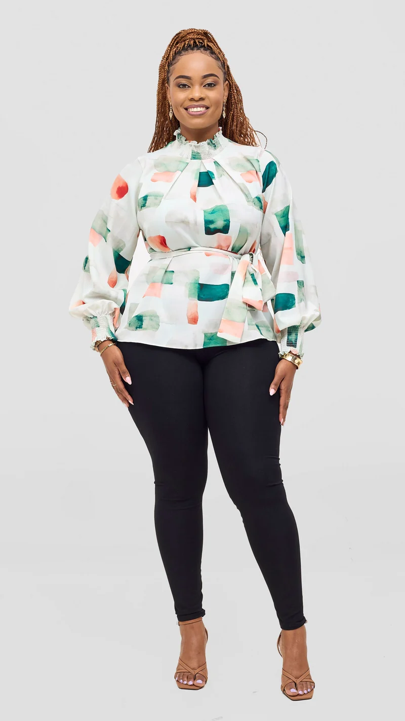 Vivo Ayah Bishop Sleeve Mock Neck Top - Green / Peach Zani Print