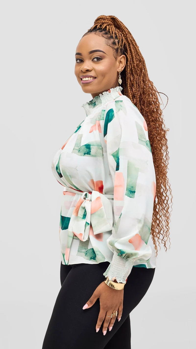 Vivo Ayah Bishop Sleeve Mock Neck Top - Green / Peach Zani Print